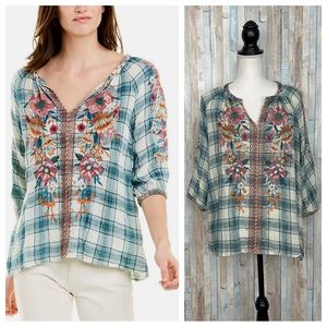 Johnny Was L Gauzy Teal Plaid Floral Embroidered Blouse Top Shirt Boho